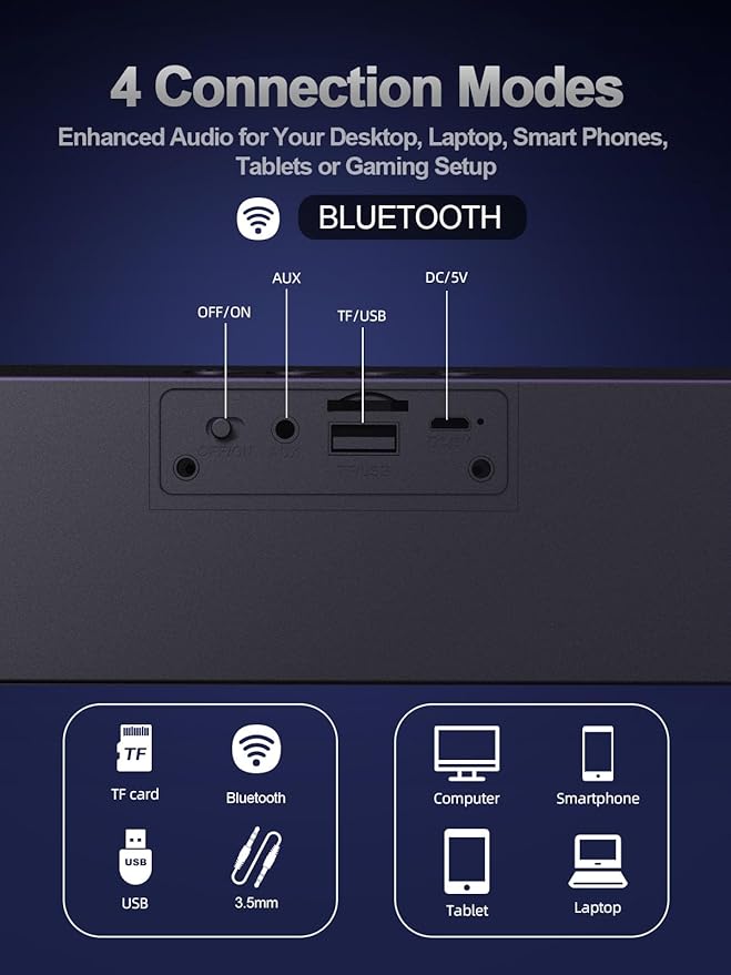 Computer Speakers 24W Bluetooth Computer Soundbar 3.5mm Aux-in Computer Speakers for Desktop Monitor Computer Sound Bar with Deep Impactful Bass Gaming Speakers for PCLaptopTablet