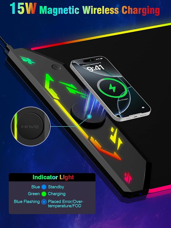 Gaming Mouse Pad RGB 35x15.8 Large Keyboard Desk Mat with Magnetic Wireless Charging for iPhone 24 Light Effects Non-Slip Base Waterproof Ultra-Smooth Surface with Adapter Black