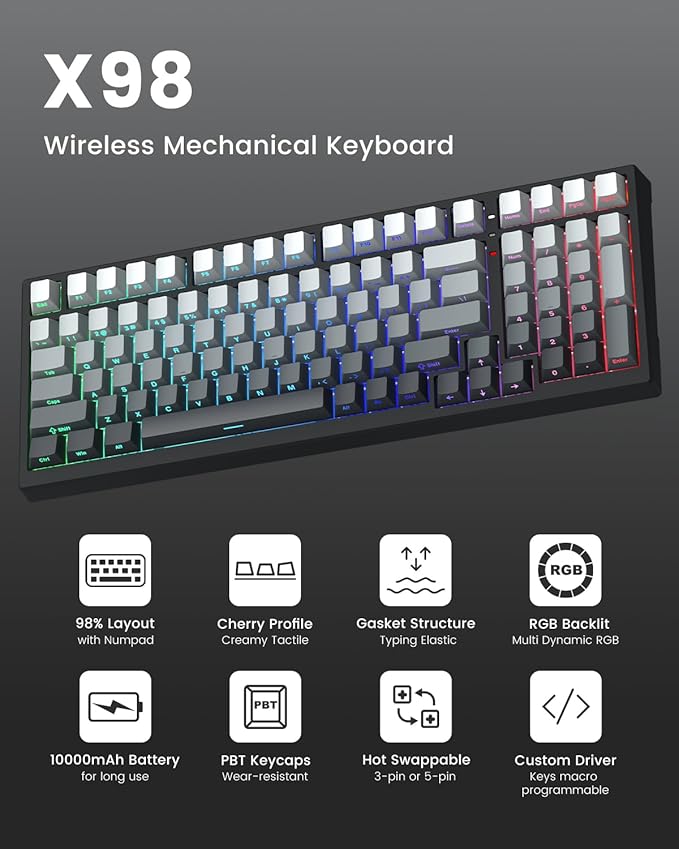 X98 Wireless Mechanical Keyboard RGB Backlit Custom Gaming Keyboard with Number Pad BT5.0/2.4GHz/USB-C Gasket Structure Hot Swappable Pre-lubed Linear Switch Side Printed PBT Keycaps