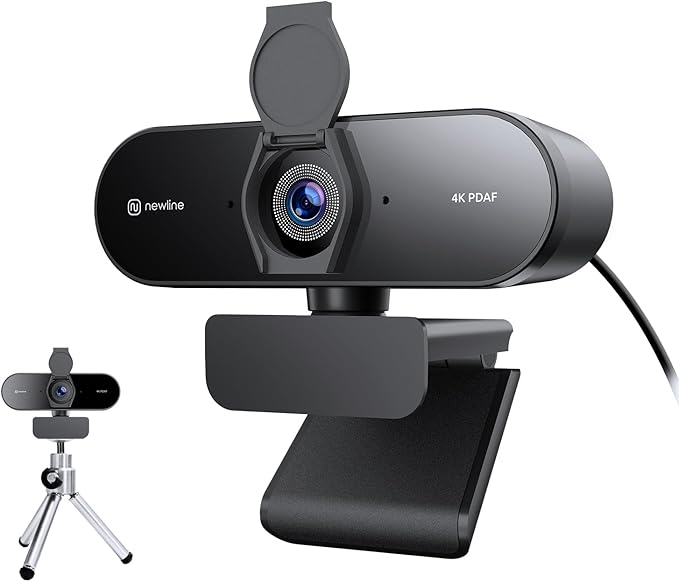 N newline 4K Webcam for PC with Tripod PDAF Autofocus 1080P@60FPS 79° FOV Low Distortion 2 Noise Reduction Mics Privacy Cover Plug&ampPlay PC Camera for Skype Teams Zoom NewEye 62 Kit