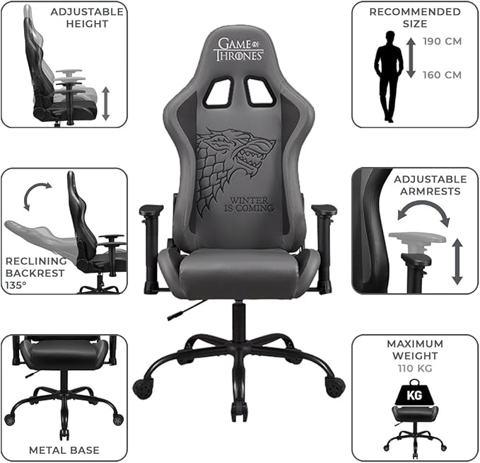 Game of Thrones - Gaming Chair or Office Chair Adult Gamer Chair Comfortable seat Integrated headrest Adjustable armrests and Height Ergonomic backrest - Black