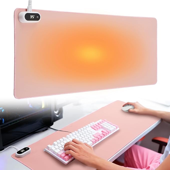 Large Heated Gaming Mouse Pad Gamer Gifts - 5 Levels Heating &amp Timed Auto Shut-Off Heated Desk Pad Mat for Keyboard Winter Gaming Accessories Christmas for Women Girls 31.5''x13'' Pink
