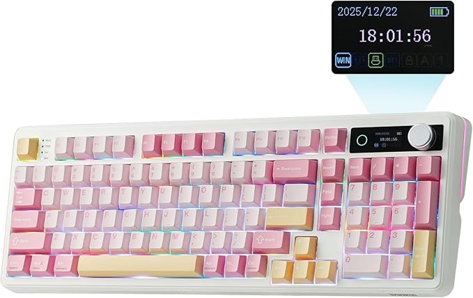EPOMAKER TH99 PRO 96% Mechanical Keyboard with Screen &amp Knob 10000mAh 2.4Ghz/BT Hot Swap Custom Driver RGB Backlight PBT Keycap Wireless Gaming Keyboard for PC/Mac (Pink Creamy Jade)