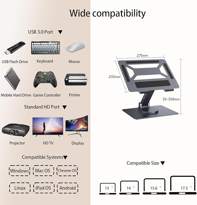 7 in 1 Laptop Docking Station Stand Detachable USB C Hub 4K HDMI 2 USB 3.0 RJ45 PD 3.0 Universal Laptop Stand with 360-degree Swivel Stand