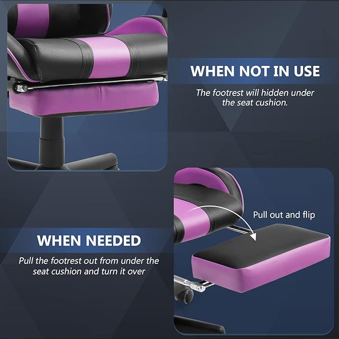 Huracan Gaming Computer Chair with Footrest and Lumbar Support Adjustable Video Game Chairs for Adults Ergonomic Reclining Desk Chair with Headrest for Office or Gaming Purple