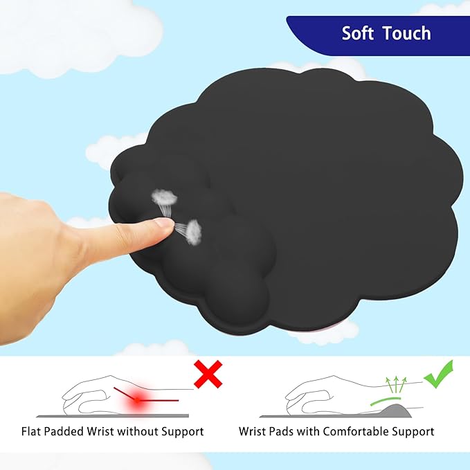 HOTTYAO Cloud Mouse Pad Wrist Support Keyboard Wrist Rest Set Ergonomic Wrist Support for Typing Pain Relief Portable for Computer Office Gaming (Black-L)