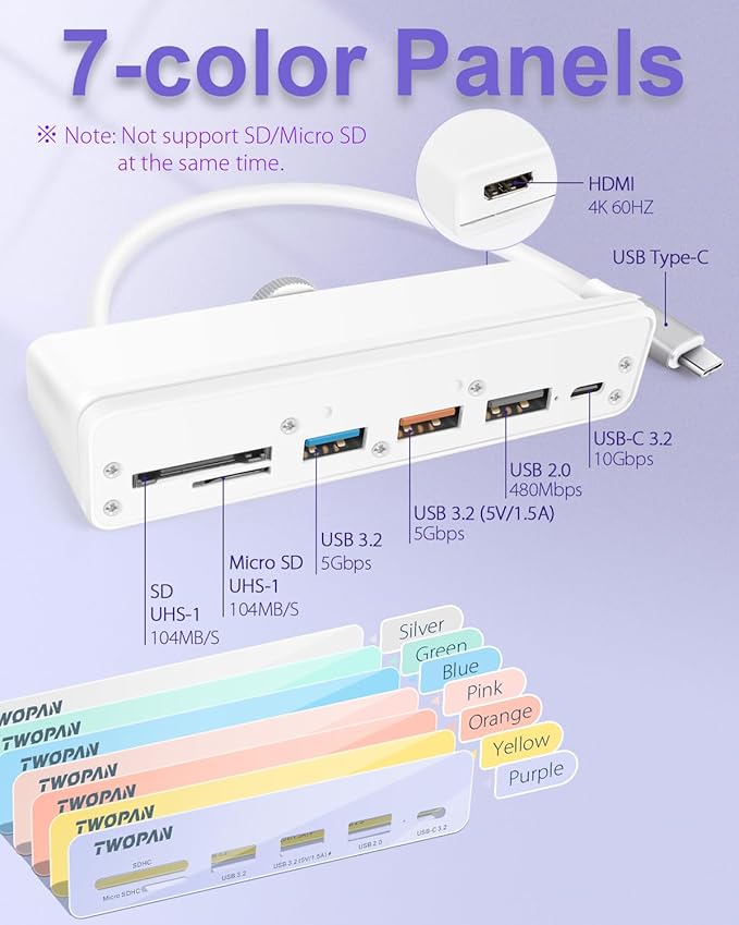 USB C Hub Multiport Adapter for iMac M4/M3/M1 7-in-1 iMac 2024/2023 Docking Station - 4K HDMI USB 3.2 Ports SD/Micro SD Card Reader 7 Color Panels