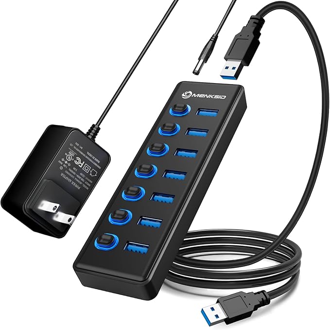 7-Port USB 3.2 Hub Data USB Hub Splitter with Individual On/Off Switches and Lights Compatible with Laptop PC MacBook Mac Pro Mac mini iMac Surface Pro and More