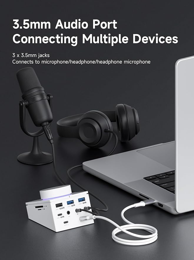 Hagibis Knob USB C Hub with Shortcut Buttons RGB Type-C Docking Station with 5Gbps USB-C 2 USB3.0 3.5mm Jack SD/Micro SD3.0 USB2.0 for MacBook iPad Pro Laptop (White AG)