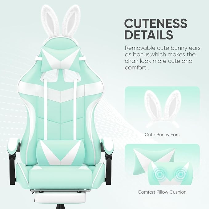 Huracan Gaming Computer Chair with Footrest Adjustable Video Game Chairs for Adults Heavy Duty Office Chair with Headrest and Lumbar Support Light Green