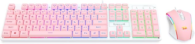 Redragon Updated S107WP Gaming Keyboard and Mouse RGB Gaming Keyboard and 10000 DPI Mouse Combo with 25-Key Anti-Ghosting 1K Hz Programmable Mice with Software Plug &amp Play to PC Laptop - Pink