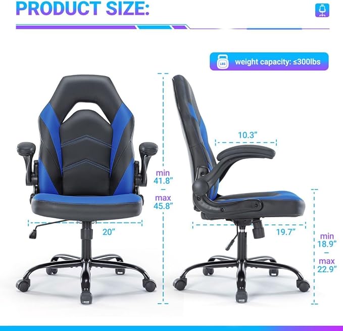 Heavy Duty Gaming Chair Ergonomic Gamer for Home Office with Lumbar Support Adjustable Backrest Flip-Up Armrest and Stable 360° Swivel Wheels for Adults Professional Gamers and Teens Black-Blue