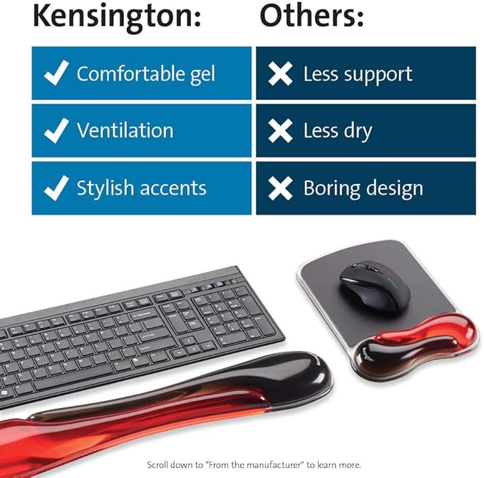 Kensington Duo Gel Mouse &amp Keyboard Wrist Rest Bundle Set Ergonomic Keyboard and Mouse Pad With Wrist Support Keyboard Wrist Rest Computer Keyboard Pad Cooling Gel Non-Skid Backing Red K5003