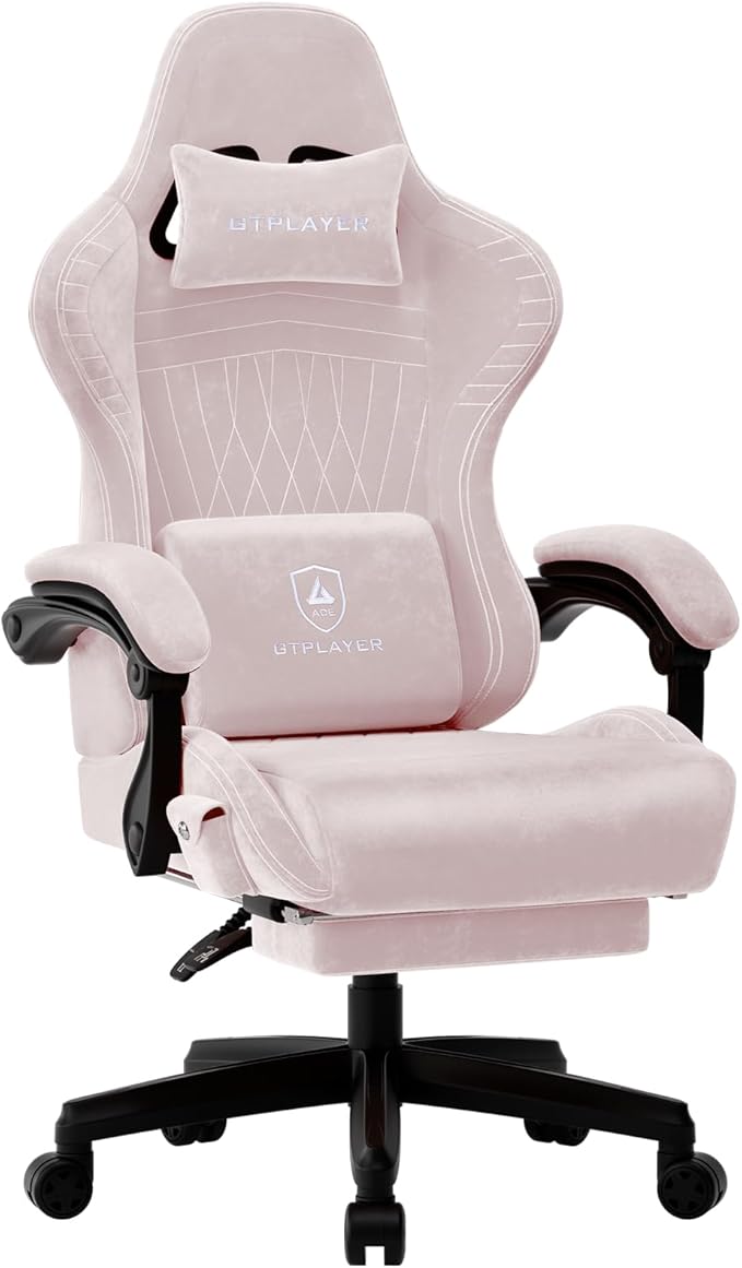 GTPLAYER Gaming Chair for Adults Ergonomic Video Game Chairs Footrest &amp Linkage Armrest Reclining High Back Silla Gamer with Speakers for Home Office Ace Pro Pink(Velvet)