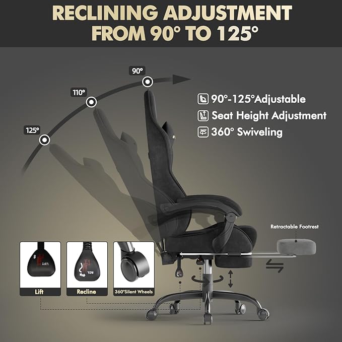 Soontrans Black Velvet Fabric Gaming Chair with Footrest Reclining Office Computer Desk Game Chairs with Massage Lumbar CushionHeadrestErgonomic Comfortable Video Gamer Chair for Adult