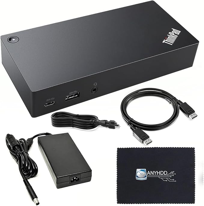 40AS0090US Docking Station Gen 2 - Supports 4K Display 1 Year Warranty Docking Station with 90W Adapter + Microfiber Cloth + DisplayPort Cables - USB-C Thunderbolt 3 Dock (Renewed)