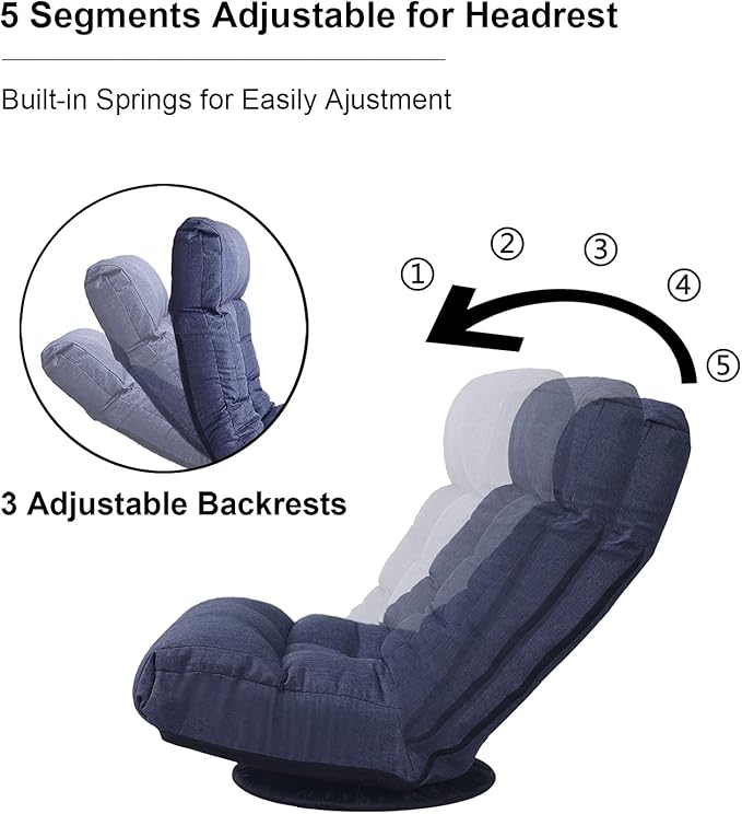 SLEERWAY 360-Degree Swivel Gaming Chair Foldable Floor Chair with Adjustable Backrest Cushion Padded Indoor Chaise Lounge Lazy Sofa Couch Rocker Gaming Chair for Teens and Adults (Navy Blue)