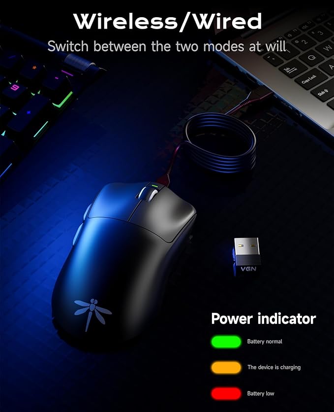 VGN Dragonfly F1 Pro Max Wireless Gaming Mouse 130h Playtime Long Endurance 55g Lightweight PAW3395 26K DPI Flagship Sensor 4000Hz Polling Rate Supported Low Latency Esports Peripherals Black