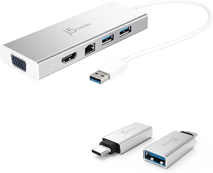 j5create USB A Hub with HDMI VGA Ethernet + USB C to USB Type-A Adapter (JUD380 + JUCX15X2)