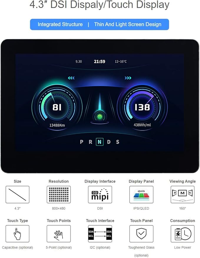 waveshare 4.3inch DSI Touch Display IPS Wide-Bezel Panel 800 × 480 Resolution Thin and Light Design for Raspberry Pi 4B/3B+/3A+/3B/2B/B+/A+/ CM3/3+/4