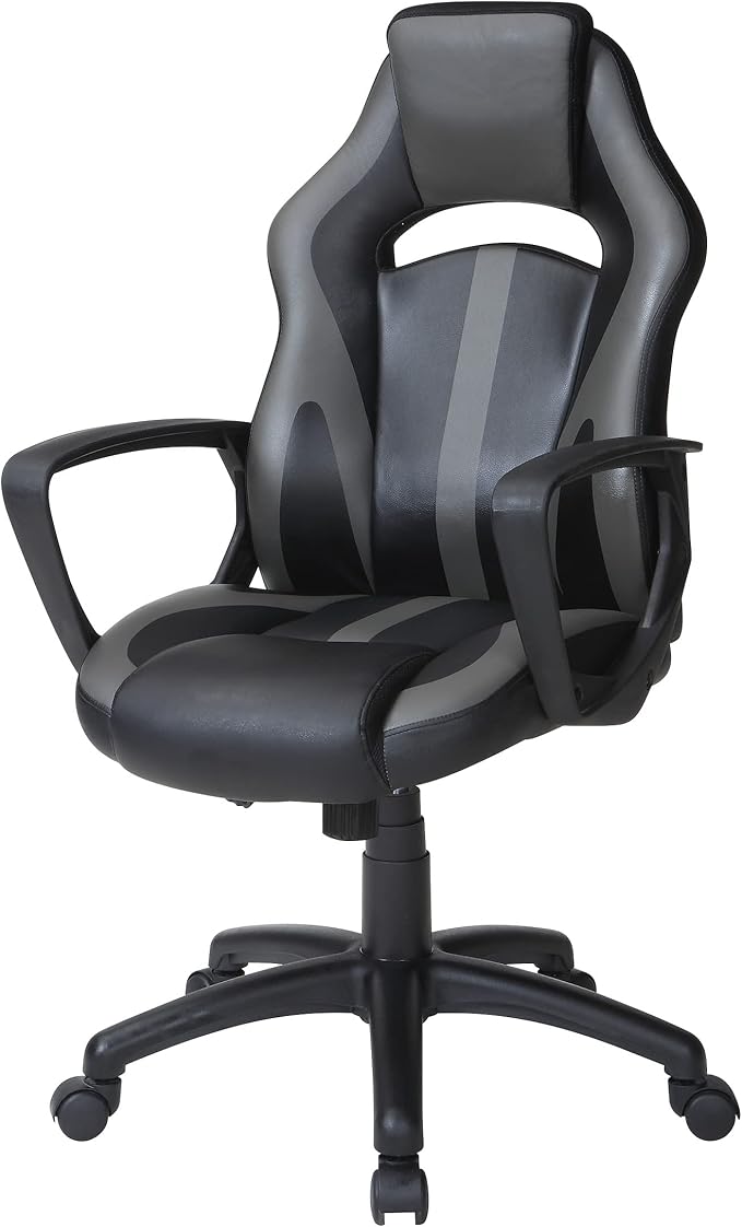 OSP Home Furnishings Influx Adjustable Faux Leather Gaming Chair with Lumbar Support and Full 360 Rotation Grey Accents