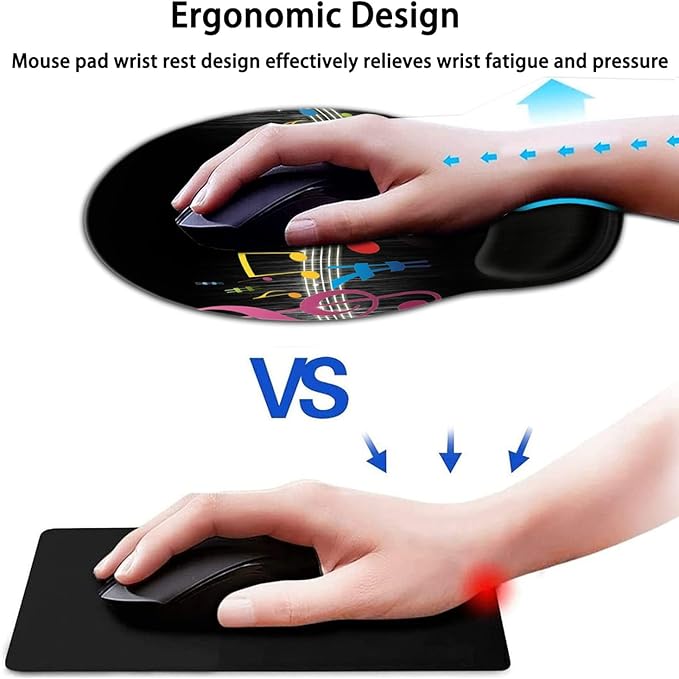 Ergonomic Gel Mouse Pad Wrist Support + Memory Foam Keyboard Wrist Rest for Home Office Gaming Desk Pad Easy Typing Pain Relief Hand Rest Pad Cute Round Desk Mat Music Note Pattern Black Mousepads