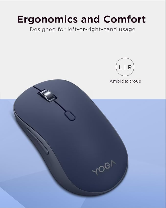 Lenovo Yoga Bluetooth Silent Mouse 3 Level DPI Adjustment 36 Month Battery Life Bluetooth 5.3 3 Device Paring Whisper Quiet Programmable Buttons Smooth Finish Cosmic Blue
