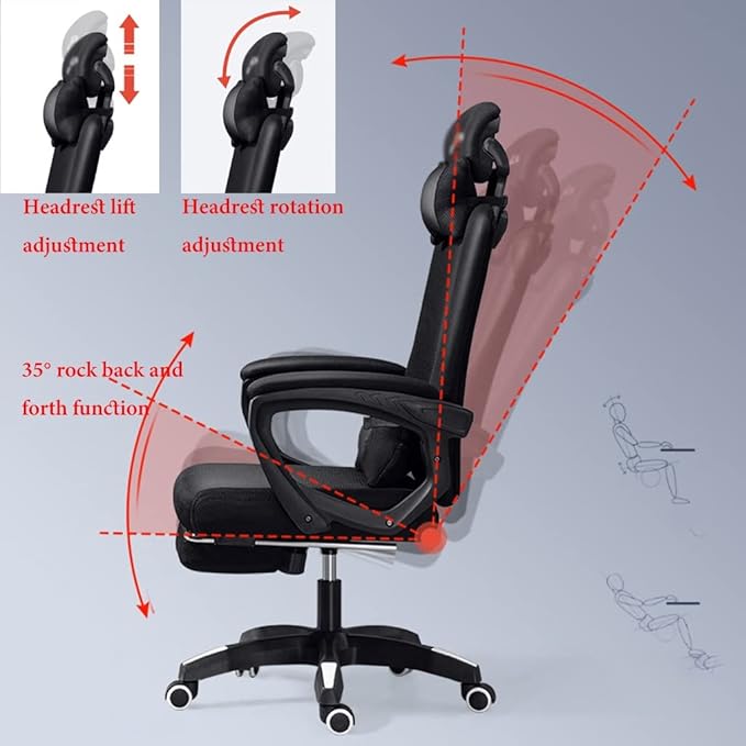 GIZNXBA Computer Chair with Foot Rest Adjustable Height Gaming Chair for Adults Home Office Chair Ergonomic Desk Chair with Headrest High Back Swivel Task Chair Lumbar Support (Color : /Black)