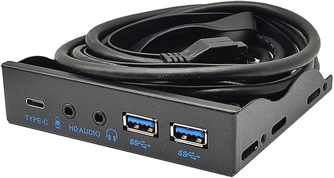 USB Front Panel for PC USB3.2 10Gbps Type C+19Pin 2 Port USB3.0 Hub+3.5mm Earphone Microphone for 3.5 Floppy Disk Bay Metal