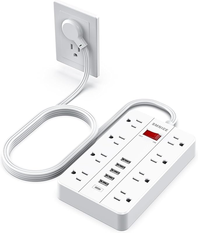 Power Strip with USBSurge Protector Flat Plug with 8 Widely Spaced Outlets and 6 USB Ports(1 USB C) 5ft Extension Cord Wall Mountable Phone Tablet Laptop Computer Multiple Devices