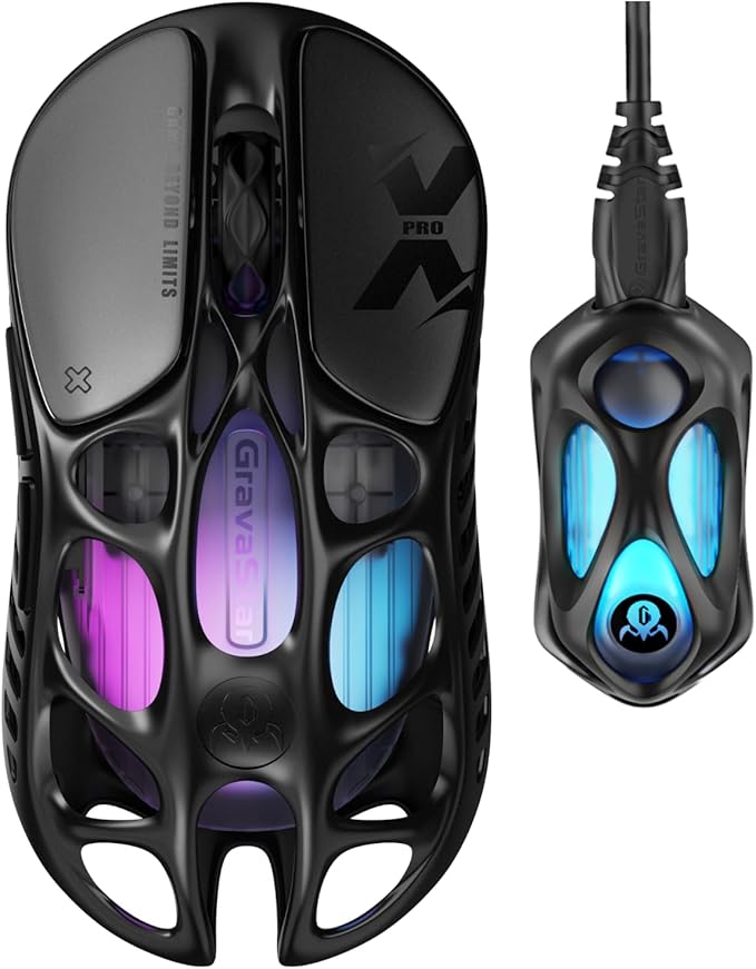 GravaStar Mercury X Pro Wireless Gaming Mouse Come with 8K Dongle – 32000 DPI PAW 3950 Sensor 8000Hz Polling Rate Only 49g Magnesium Alloy Hollow Frame RGB Lighting 5 Programmable Buttons