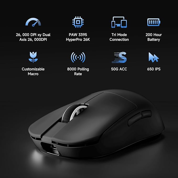 MCHOSE L7 Pro Wireless Gaming Mouse Super Light 39g Gaming Mouse Esport with 26K DPI Optical Switch Programmable Buttons Dual 8K Polling and PAW3395 Sensor Tri-Mode Connection PC/Mac - Black