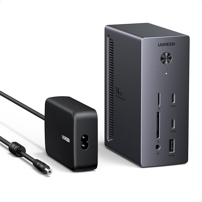 UGREEN 14 in 1 USB C Docking Station 3 Monitors Revodok Pro 314 with 8K DP/4K HDMI 100W PD 10Gbps USB Ports Gigabit Ethernet SD/TF 170MB/s 3.5mm Audio 90cm Cable.140W Power Adapter (HDMI &amp 2