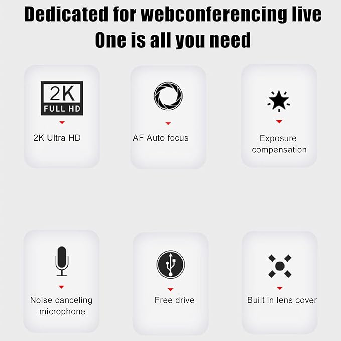 PC Webcam with Microphone 2K 30fps Auto Focus USB Computer Web Camera with Lens Cover - Wide Angle 90 Degree Plug and Play Ideal for Video Conference and Live Streaming