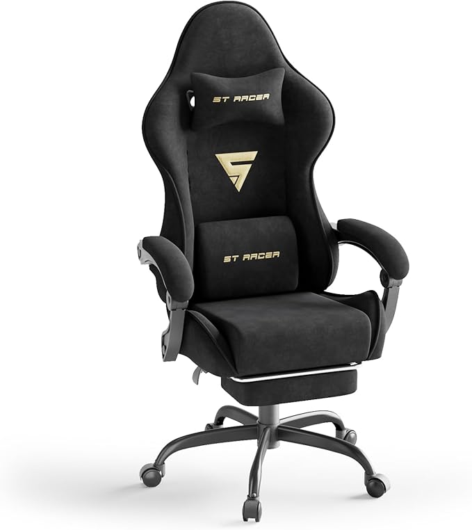 Huracan Velvet Fabric Gaming Chair with Footrest for Adults Ergonomic Gaming Chairs with Massage Lumbar Reclining Racing Computer Chair with Spring Cushion for Home Office Video Game Black