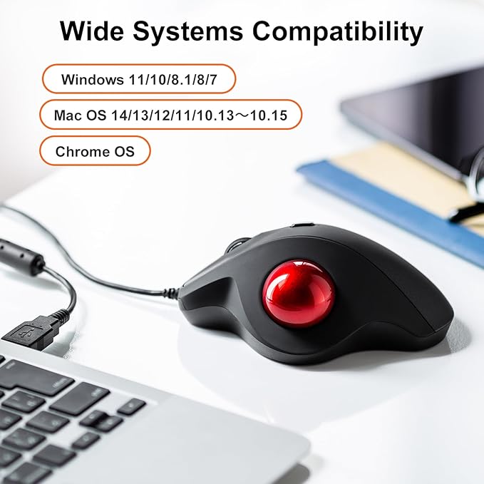 SANWA Wired Ergonomic Trackball Mouse Optical Vertical Rollerball Mice Silent Buttons 34mm Trackball 600/800/1200/1600 DPI Compatible with MacBook Laptop Computer Windows macOS Red