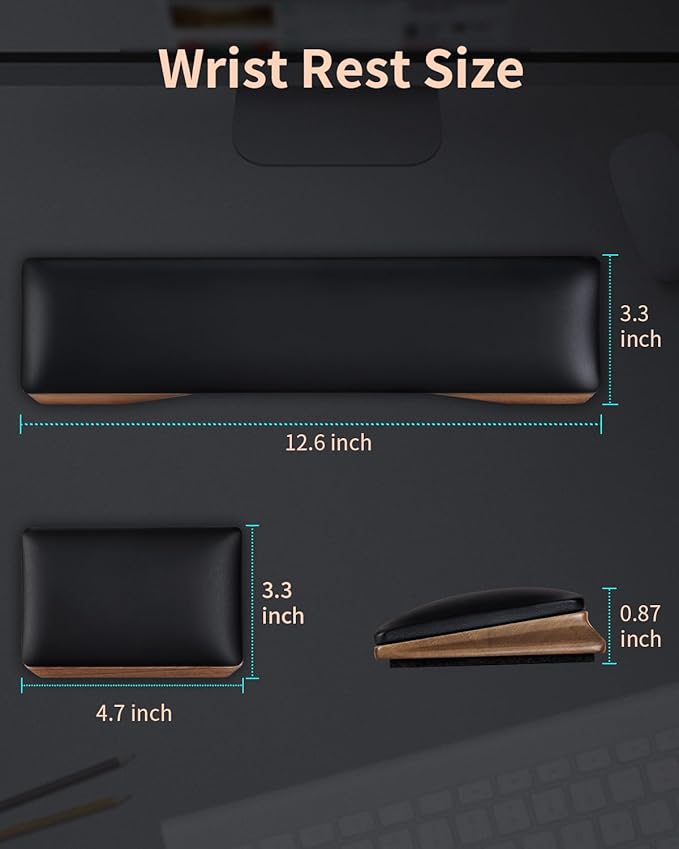 ASFSKY Keyboard and Mouse Wrist Rest Set for 60%-75% Compact Keyboards – Ergonomic Wooden Support Pad with PU Leather &amp Memory Foam Anti-Slip Rubber Base for Gaming Office &amp Typing Pain Reli