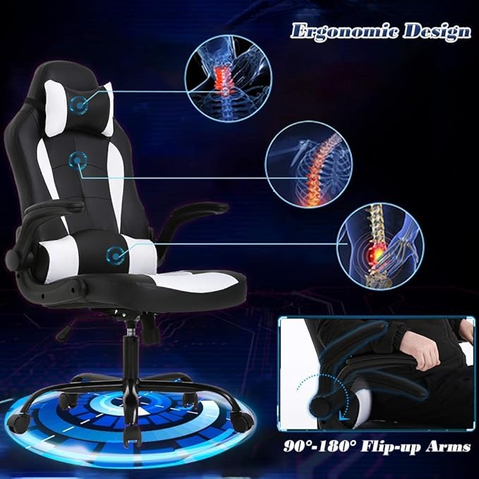 Massage Gaming Chair WhiteGamer Chair Video Game Chair for Adults Desk Chair with Lumbar Support Flip Up Arms Rolling Chair with Wheels for Adults PU Leather Computer Chair