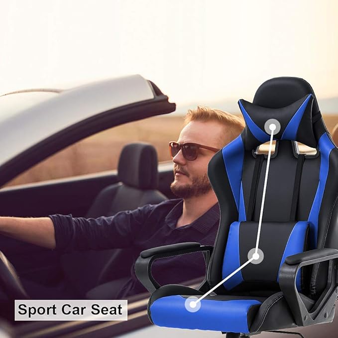 Gaming Chair with Lumbar Support High-Back Office Chair for Adults with Ergonomic Computer Racing Chair PU Desk Task Chair with Support Flip Up Arms Headrest Blue