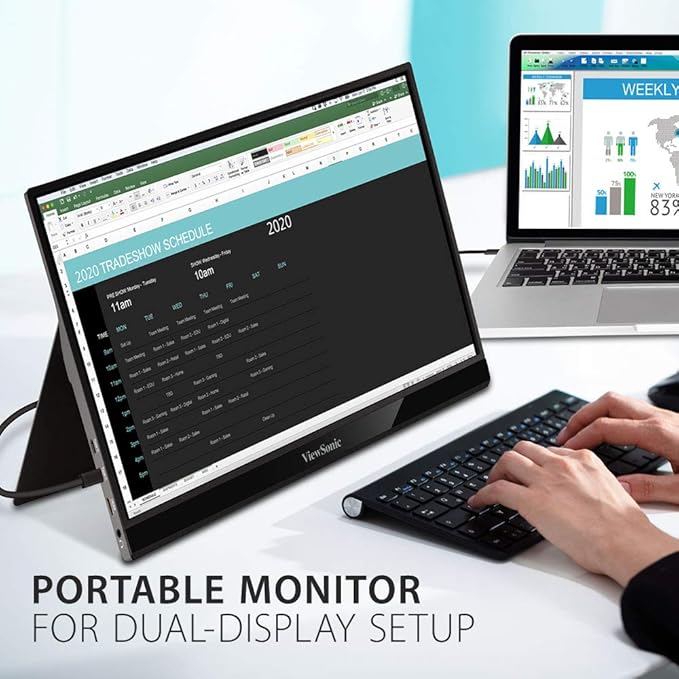 ViewSonic VG1655 15.6 1080p Portable Monitor w/ 2 Way Powered 60W USB C IPS Eye Care Dual Speakers Built in Stand w/Cover (Renewed)