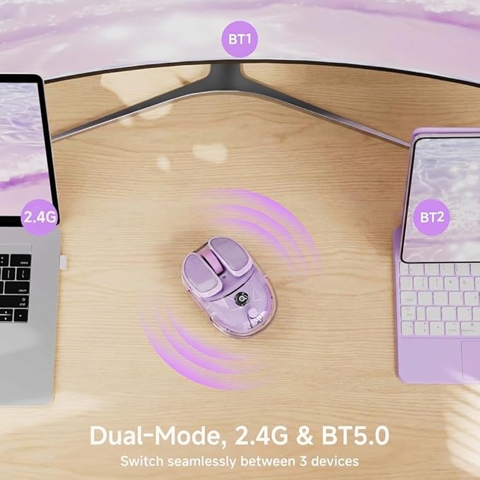 EWEADN Q9 Wireless Clear Mouse Dual Mode Bluetooth &amp 2.4G USB Computer Mouse with RGB Lighting Silent Clicks Multi-Device Compatibility for Laptop PC MacBook iPad Cute Mouse-Purple