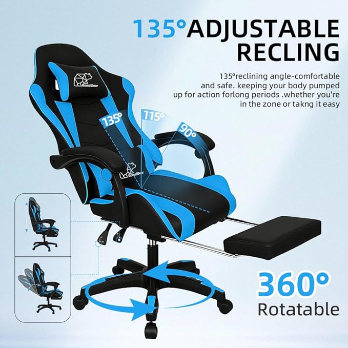 BorealBear Gaming Chair Office Chair Reclining High-Back PU Leather Computer Desk Chair with Headrest and Lumbar Support Suitable for Gaming Chairs Office Storage Office Shelving and More（Blue）