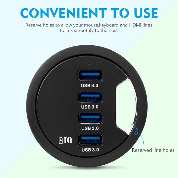 WDX Grommet Hole in Desk USB 3.0 4 Port Hub/BC 1.2 USB Charger for iPad/Tablet and iPhone/Smart Phones