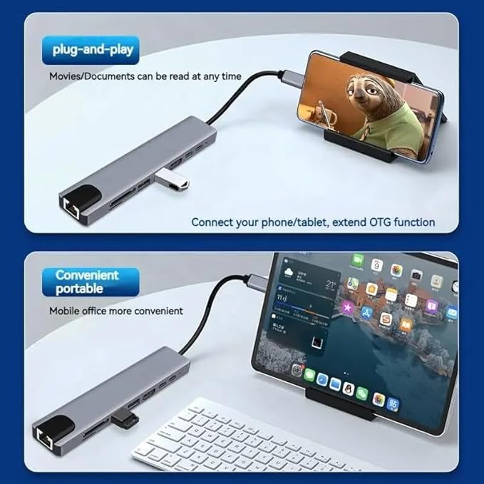 8-in-1 USB Type C Hub Multiport Adapter Hub Dock 8 in 1 USB C Type C Hub with 4K HDTV HDMI USB 3.0 SD TF Card Reader PD Charging