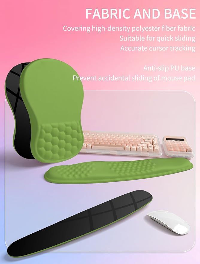 Hokafenle 2in1 Combination Wave Keyboard Wrist Rest and Ergonomic Curvature Mouse Pad Wrist Support for Relieve Wrist Pain Filled with Soft Cushion Memory Foam Dill Green