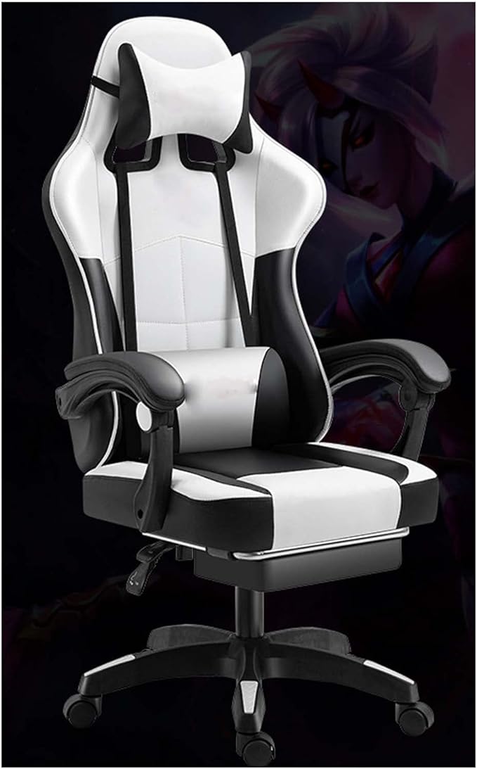 Ergonomic Gaming Chair Comfortable Gaming Chair with Footrest Computer Chair Adjustable Swivel Gaming Office Chair with Lumbar Support Black/White
