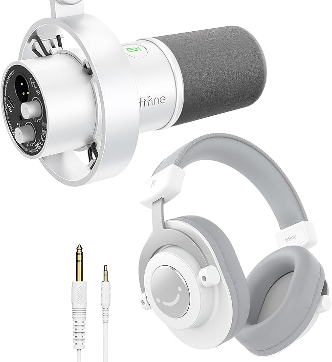 FIFINE Studio Recording Equipment Set USB Dynamic Microphone with Headphones Bundle XLR Podcast Mic with Headphones Jack with Over-Ear Headset for Vocal Music Creation Voice-Over (K688+H8 White)