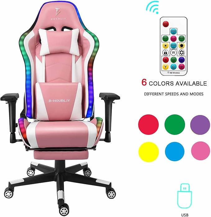 TBQATNTS LED Gaming Chair with Massage High Back PU Video Game Chair with Speakers Adjustable Lumbar Support and Headrest Reclining Computer Gaming Chair for AdultsPink