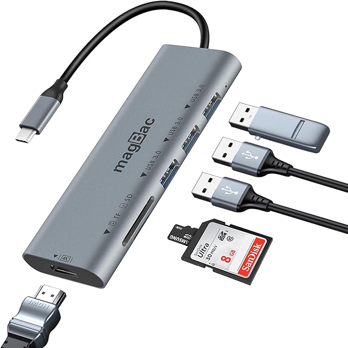 MagBac Laptop Docking Station 6 Ports USB C HUB with 3 USB-A 3.04K HDMI Port SD/TF Card Slot for MacBook Pro/Air Dell HP Lenovo with Full-Featured Type-C or Thunderbolt 3/4/5 Port
