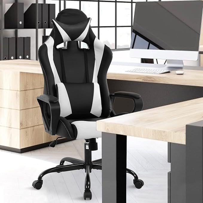 Gaming Computer Office High Back Desk Executive PU Leather Rolling Task Ergonomic Adjustable Swivel Chair With Lumbar Support and Headrest White
